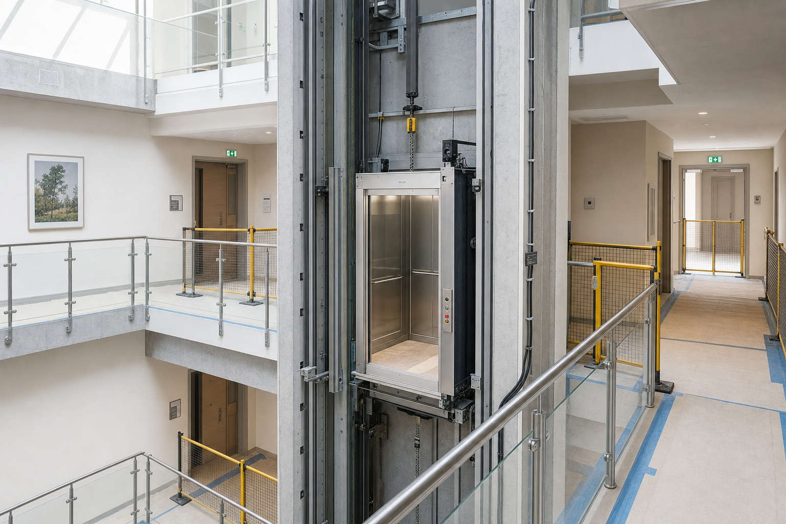 Open lift shaft with a glass balcony and hallways in a modern building interior.
