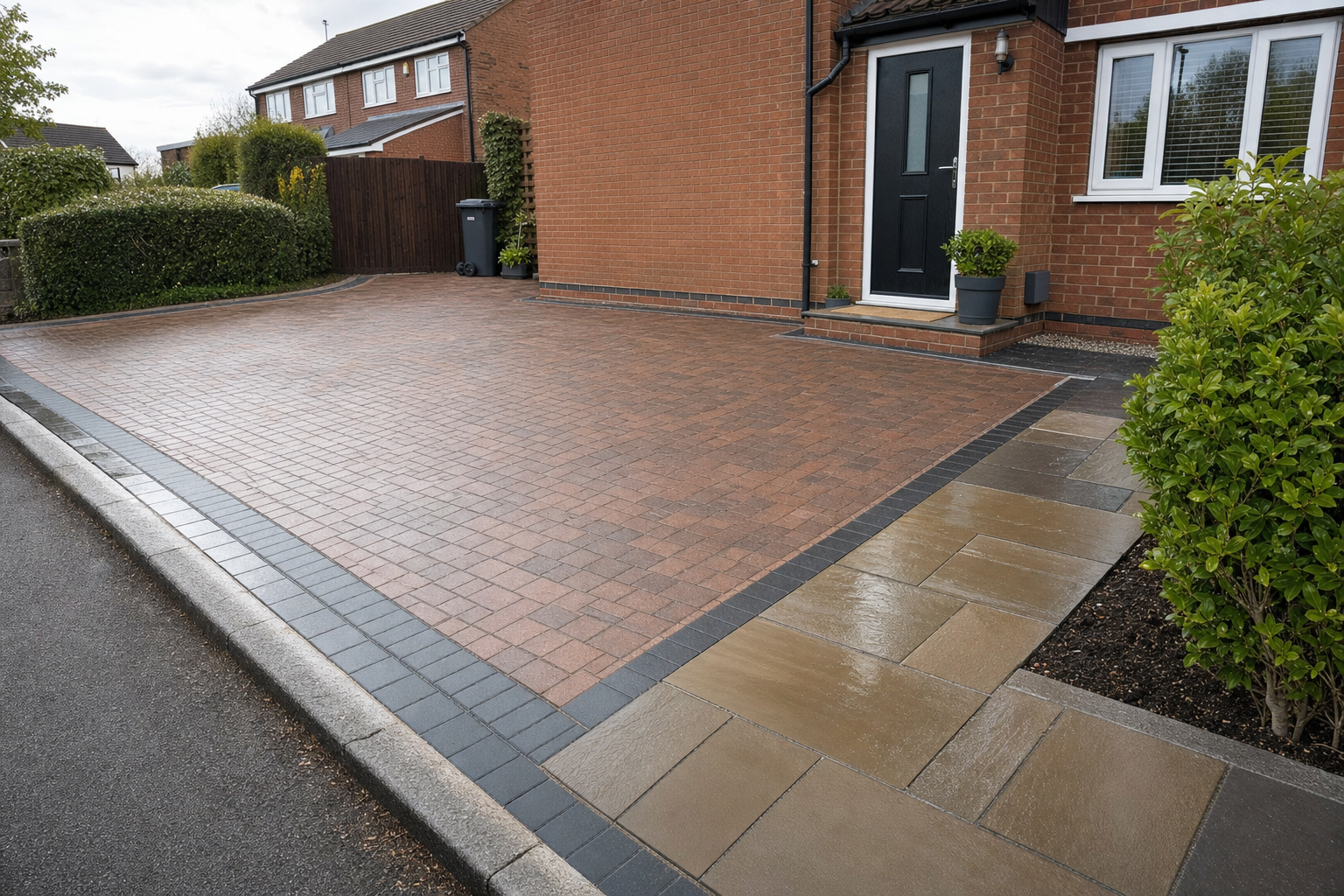 A neatly paved driveway and entrance to a brick house, bordered by bushes and a black front door.
