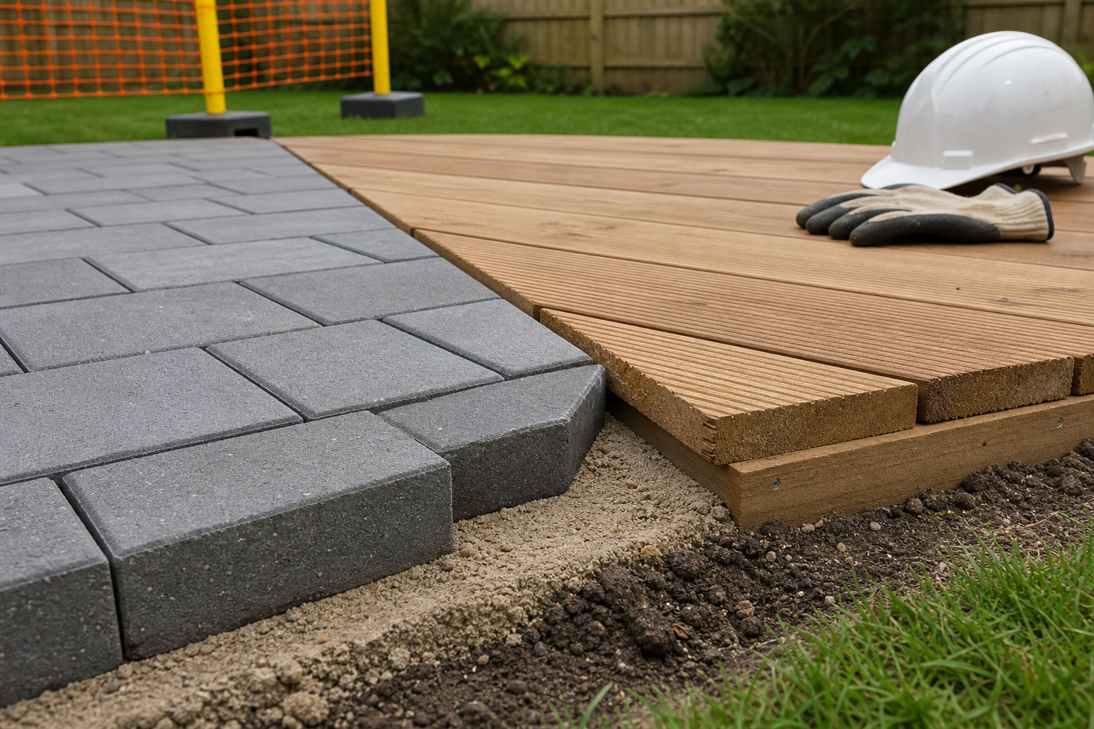 A construction site shows a transition from wooden decking to grey paving stones, with a hard hat and gloves on the deck.