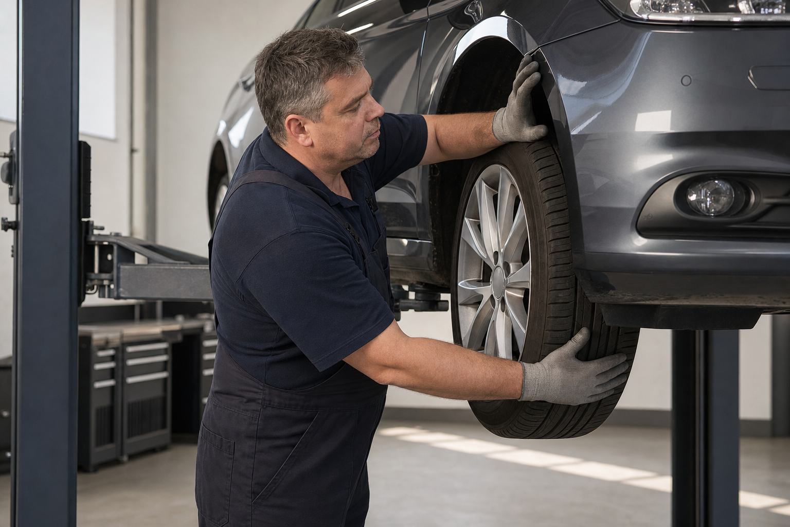 Mechanic in gloves inspecting the wheel of a raised car in a garage.