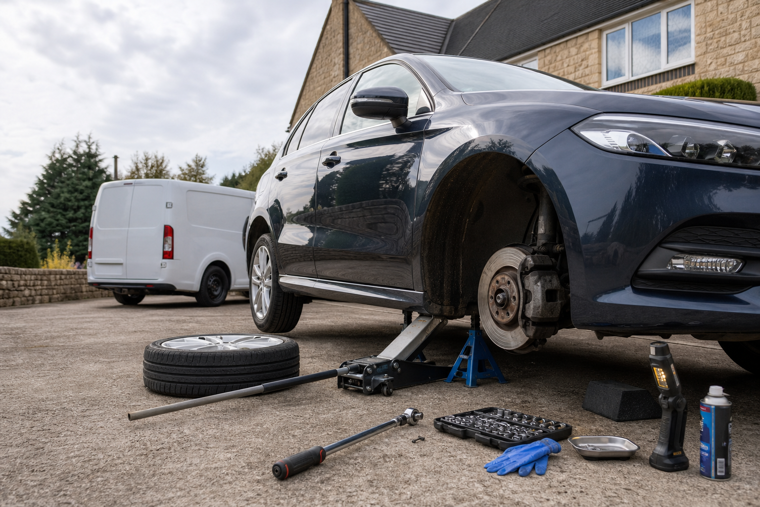 Car undergoing tire change with tools and a van parked nearby.