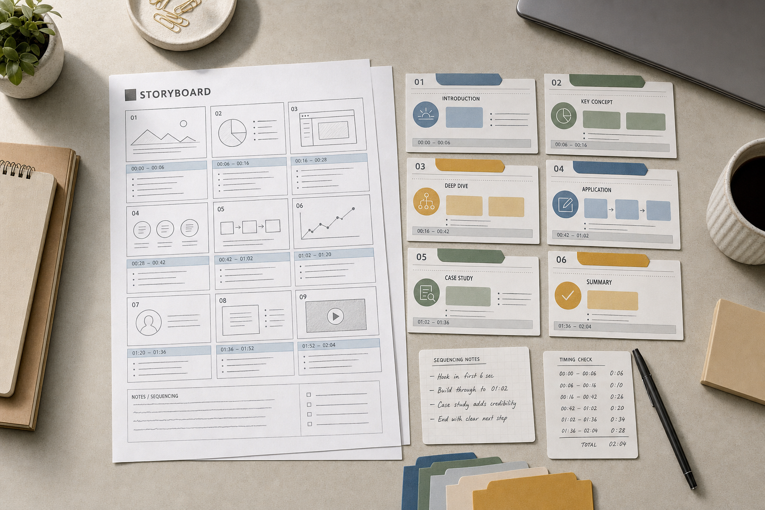 Storyboard layout with storyboard sheets, notes, and timing cards on a desk alongside office supplies.