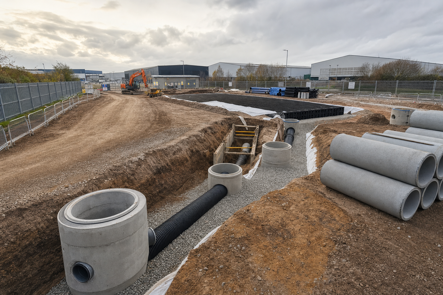 Construction site with drainage pipes being installed and an excavator in the background under a cloudy sky.