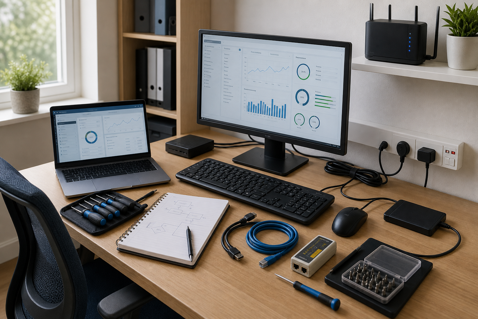 Workspace with a laptop, monitor displaying graphs, tools, and network equipment on a desk.