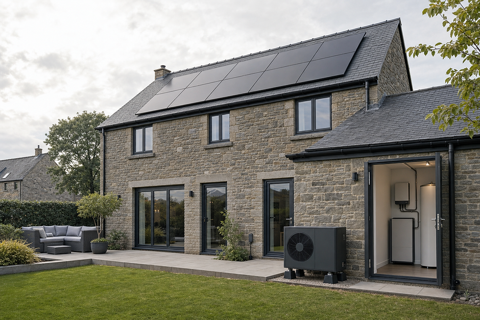 Modern stone house with solar panels on the roof, a landscaped garden, and an open utility room showing systems equipment.