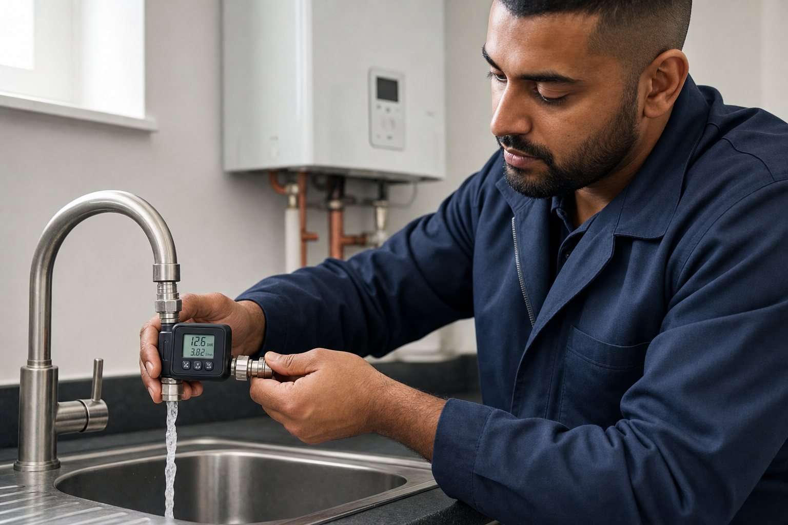 A technician checks water pressure with a digital gauge while water flows from a kitchen tap.