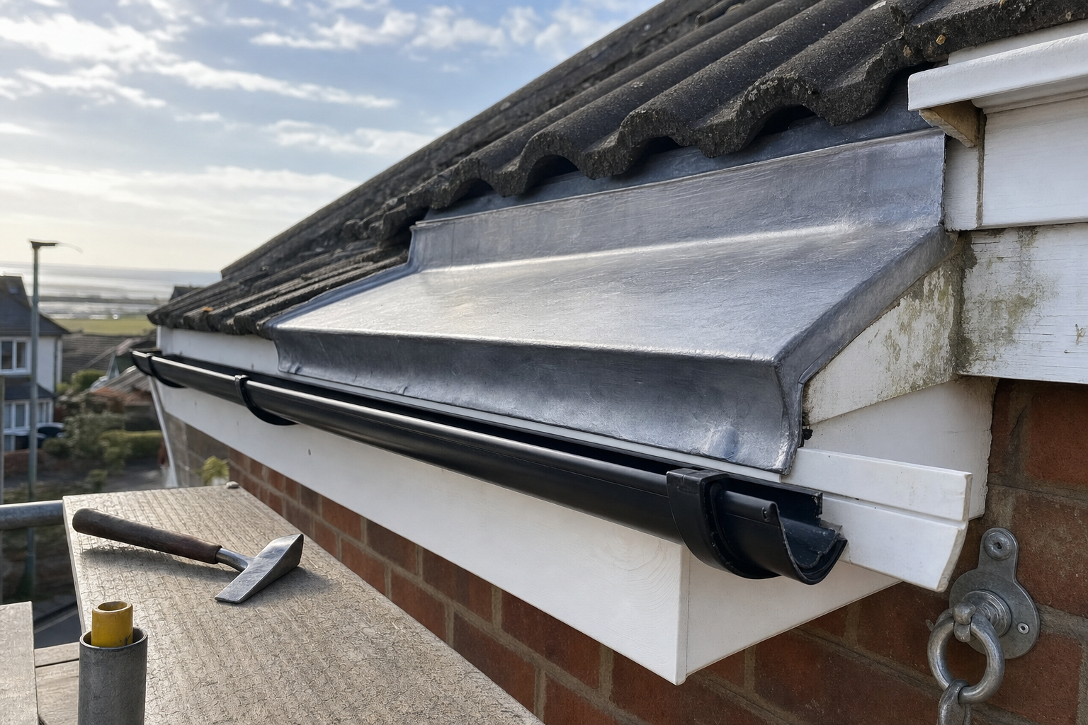 A close-up of rooftop guttering next to a repaired section, with a hammer resting on scaffolding in the foreground.