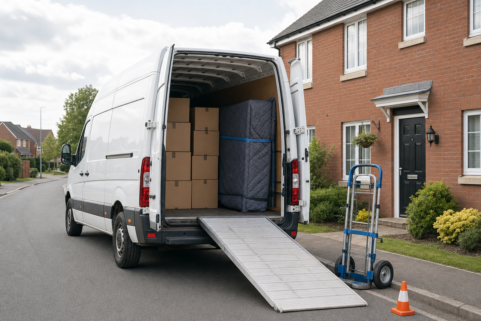 A white delivery van with its back doors open, showing boxes inside and a hand truck nearby on a residential street.