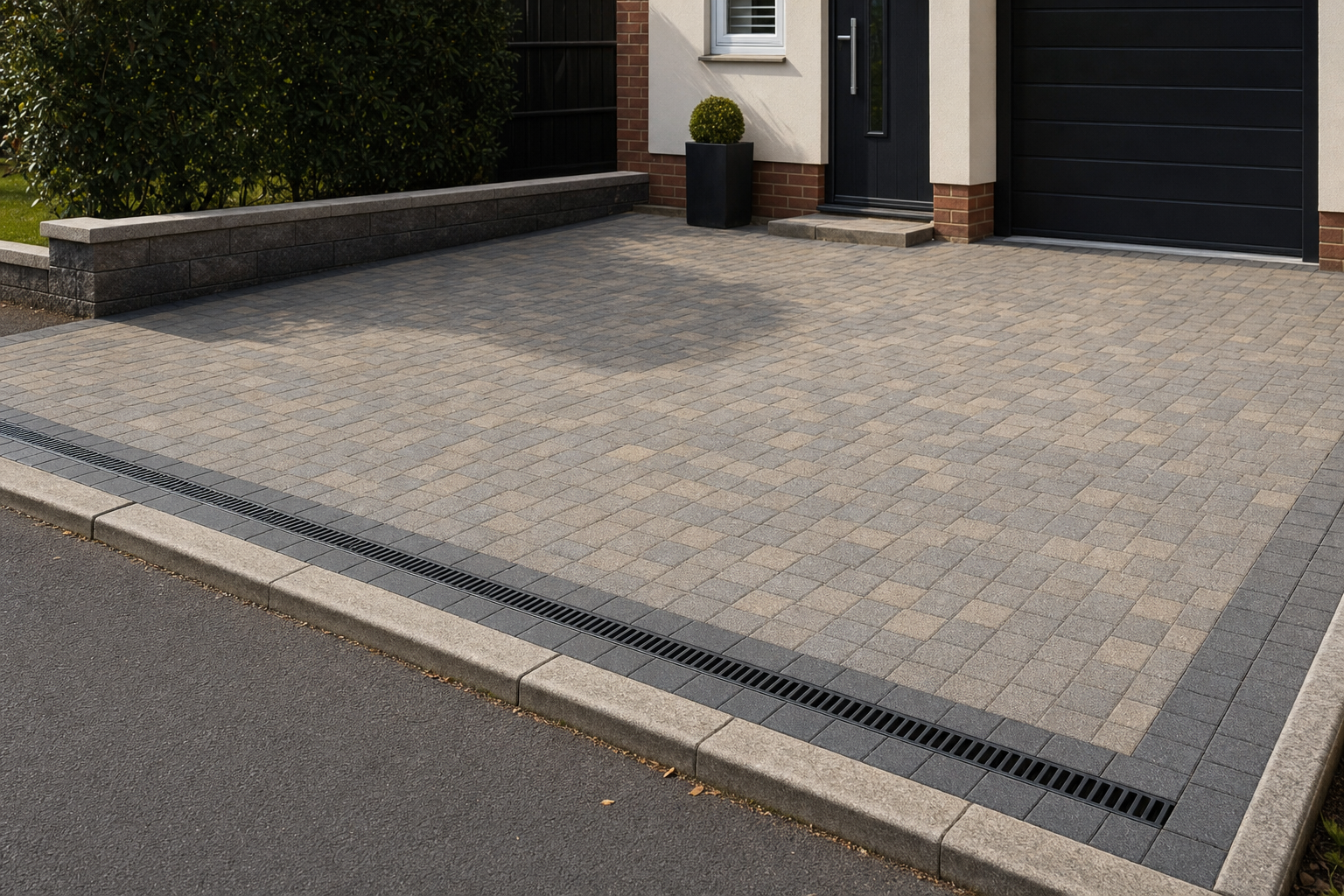 Modern paved driveway with a light grey and dark border design, bordered by a tall hedge and house entrance.