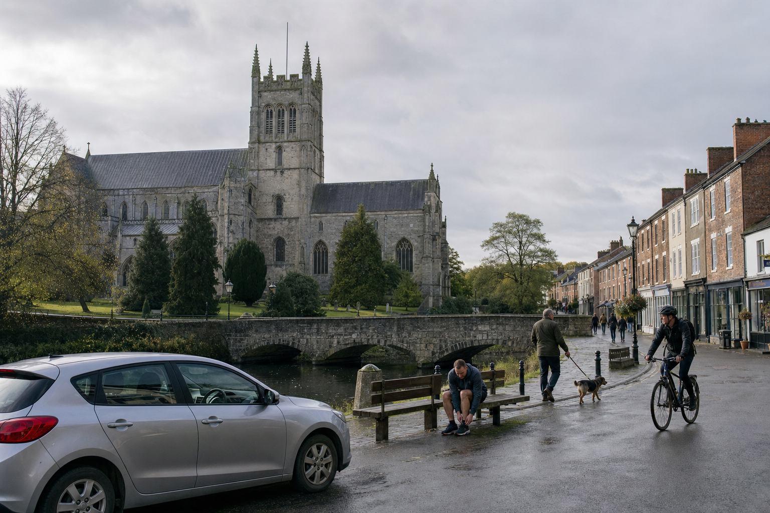Street scene with a cyclist, pedestrian, and parked car in front of a historic church and row of buildings.