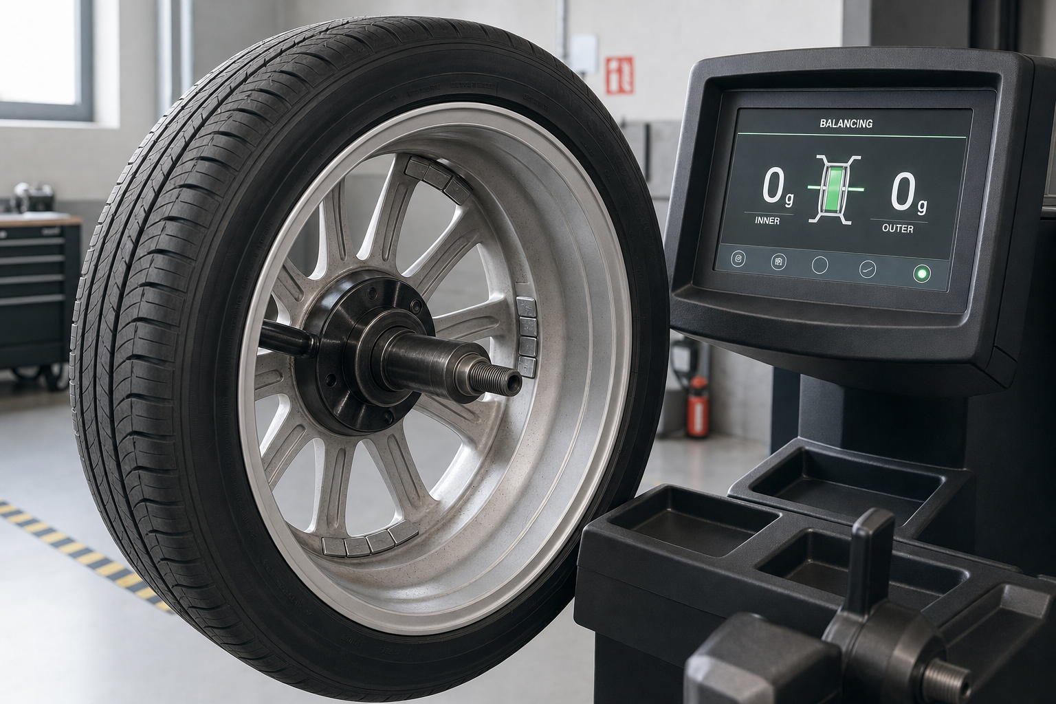 Car wheel on a balancing machine with a digital screen showing measurements.