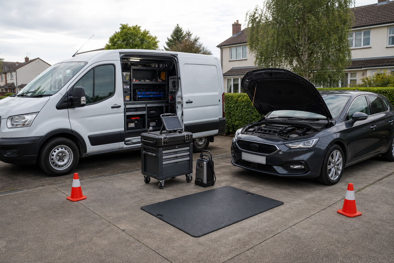 A van with open maintenance tools beside a car with an open hood in a residential driveway.