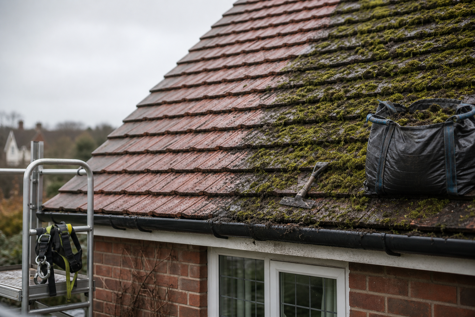 Half-cleared mossy roof with tools and a safety harness on scaffolding nearby.
