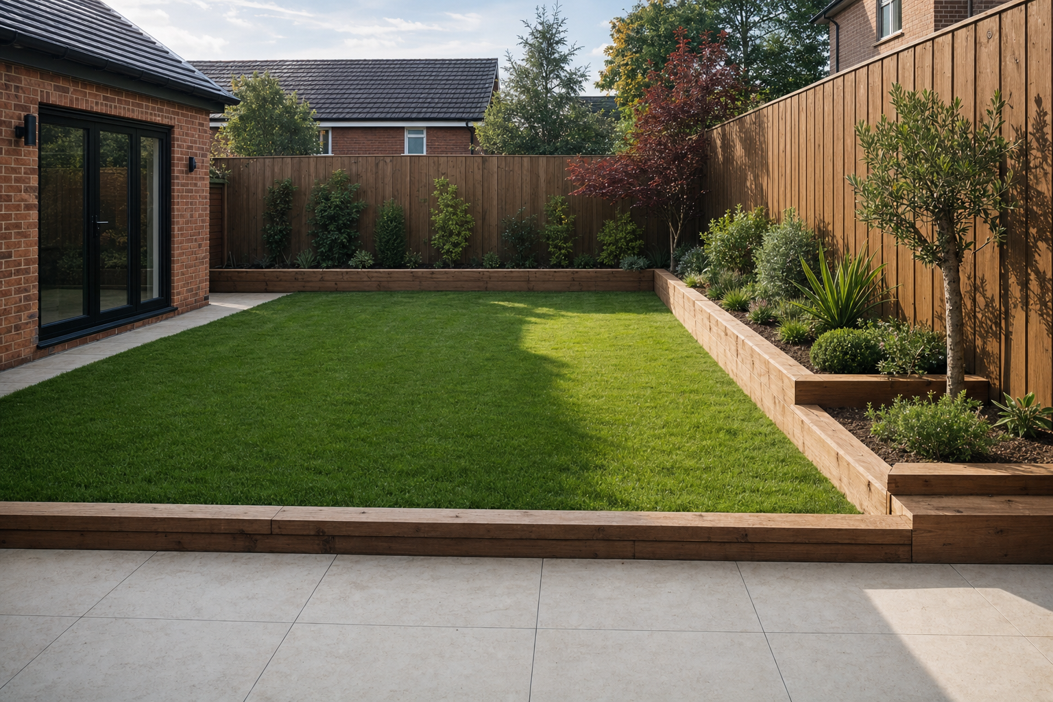 A well-maintained garden with lush grass, wooden planters, and a patio beside a brick house and wooden fencing.