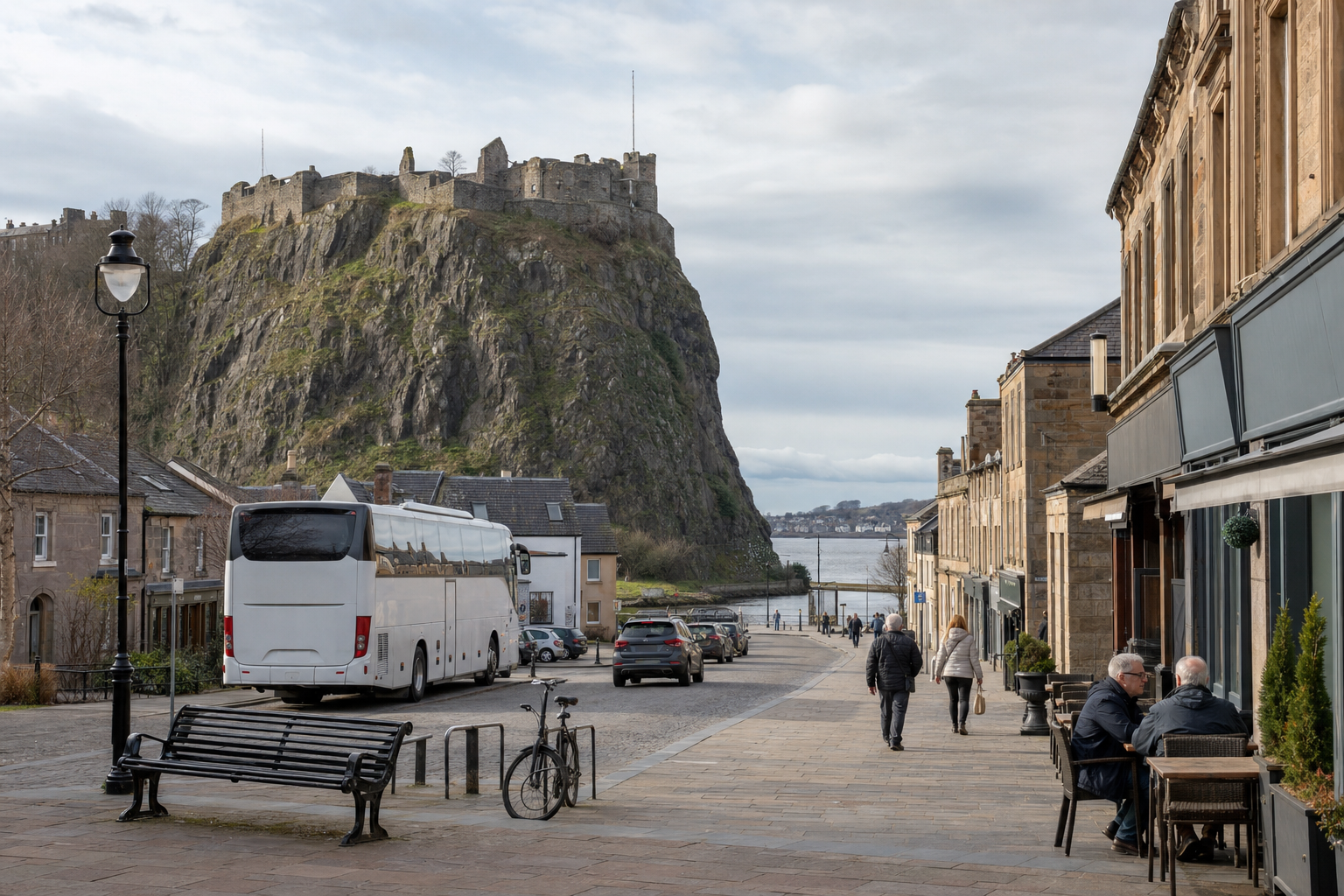 Historic castle on a rocky hilltop overlooking a quaint street with people walking and a parked coach.