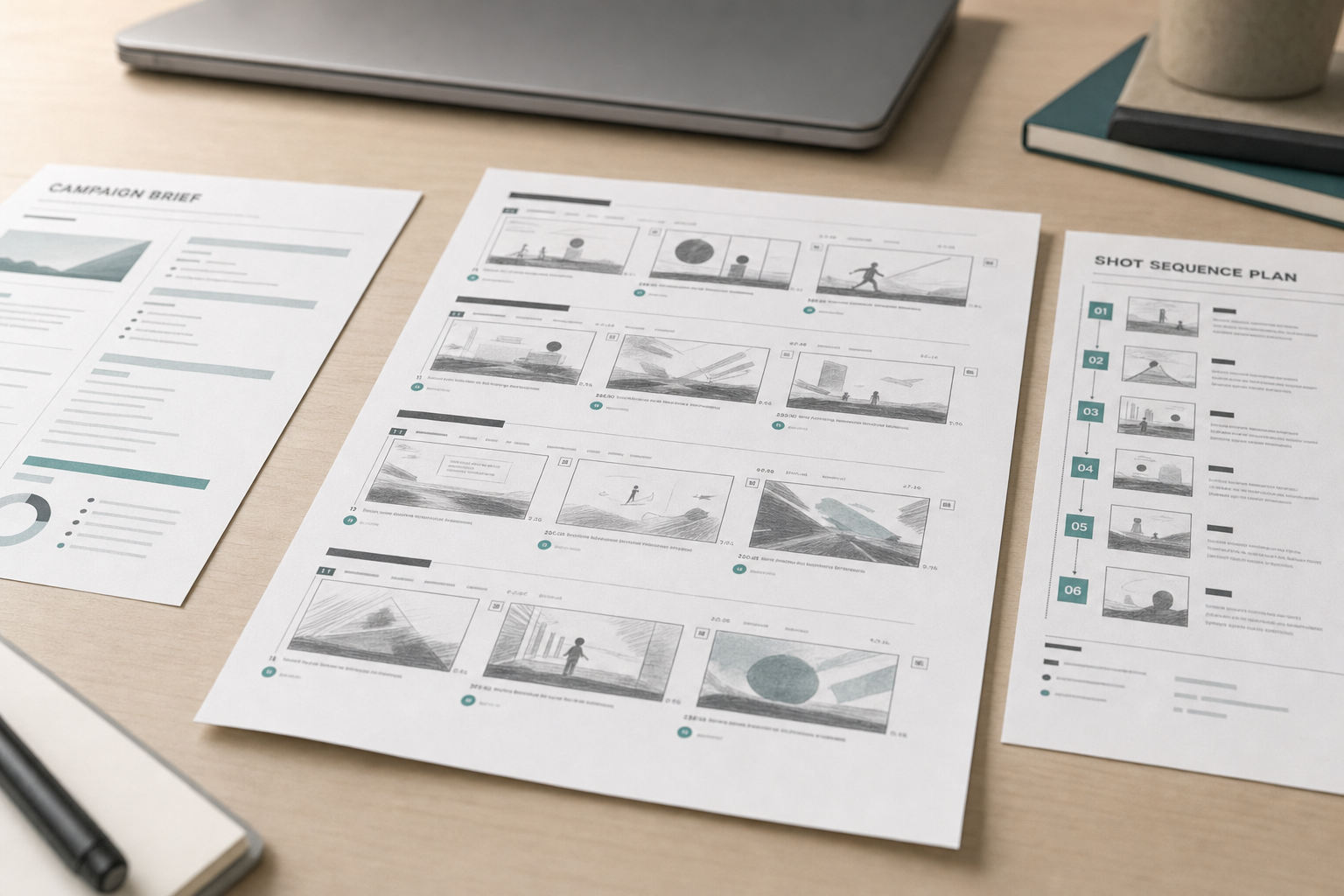 Storyboard and campaign brief papers on a desk alongside a laptop and stationery.