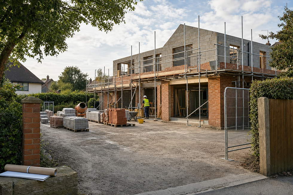 Construction site of a two-storey house with scaffolding and a worker wearing a high-visibility vest.