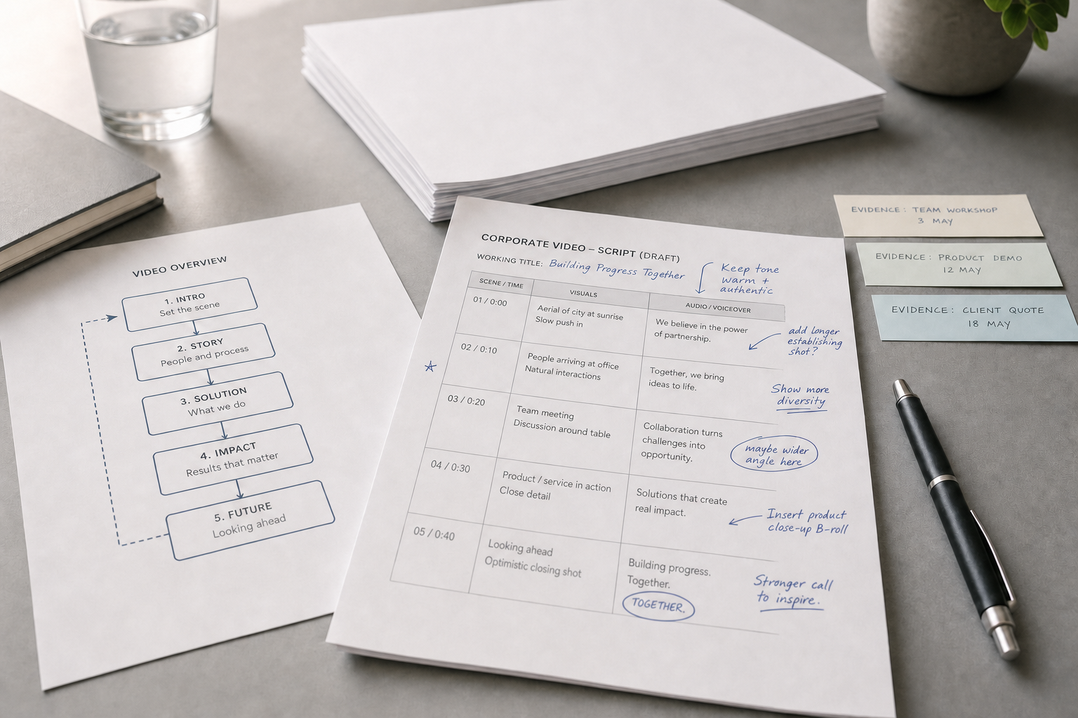 Draft script and video planning documents on a desk with a pen and sticky notes nearby.