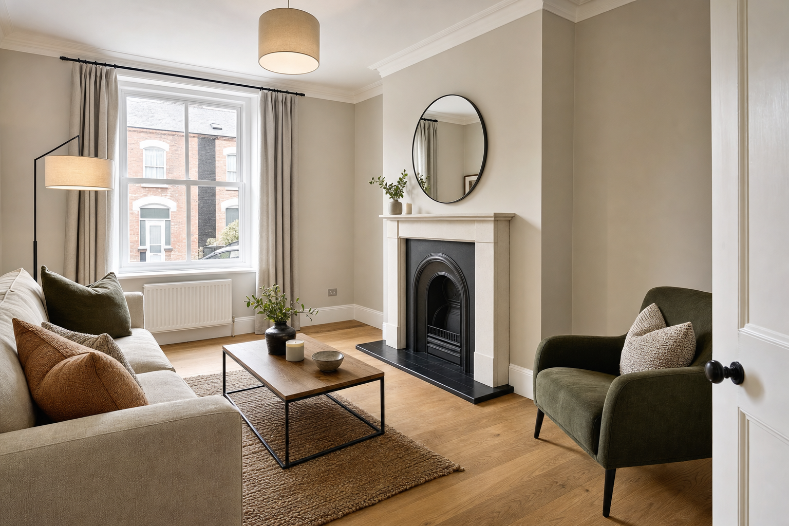 Stylish living room with a modern fireplace, cosy seating, and large window with natural light.