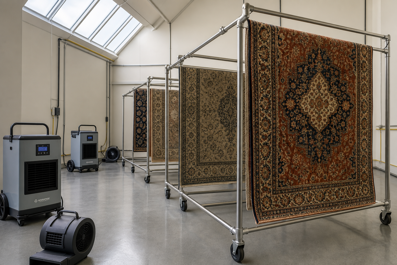 Traditional rugs hanging on metal racks in a modern workshop with dehumidifiers on the floor.