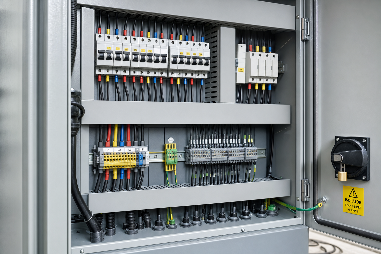 An open electrical control panel showing circuit breakers and wiring with a safety lock and warning label.