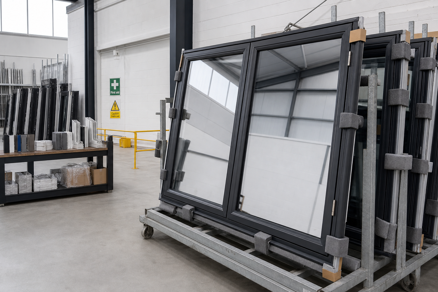 Large glass windows on a wheeled cart in a spacious industrial warehouse setting.
