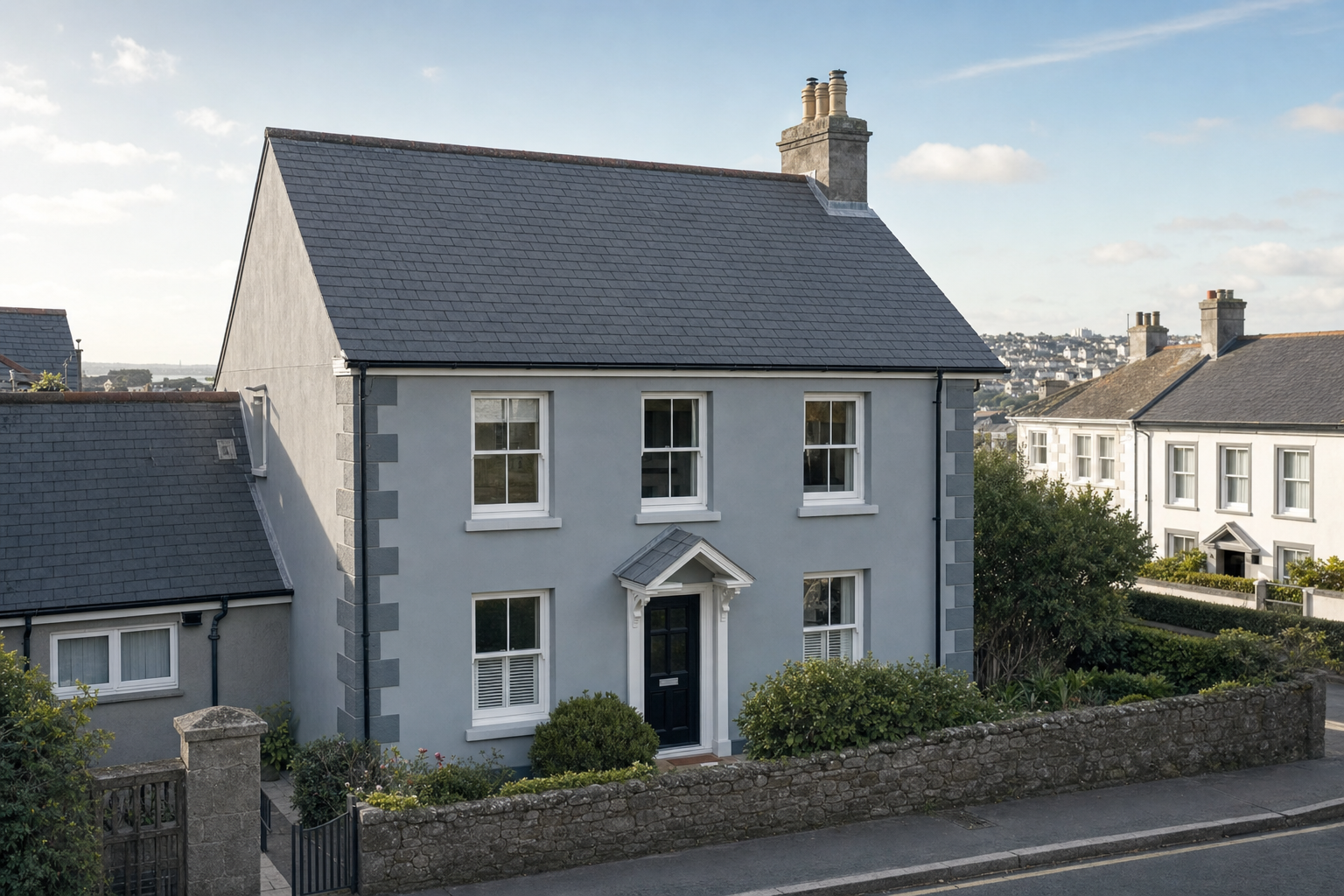 A grey two-storey house with white-framed windows and a black door, surrounded by a stone fence and greenery.