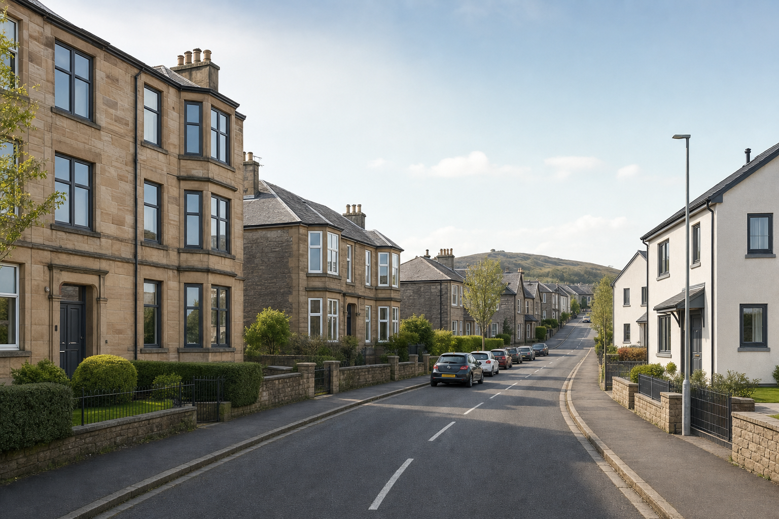 Residential street lined with stone terraced houses and parked cars, under a clear blue sky.