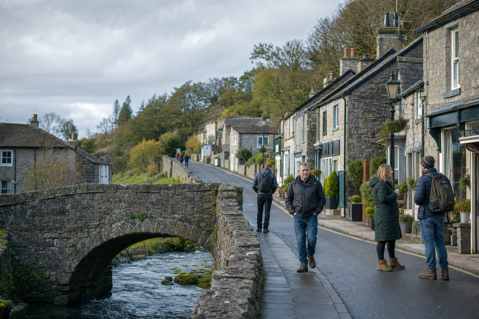 Quaint village street with people walking and talking beside stone cottages and a small stone bridge over a stream.