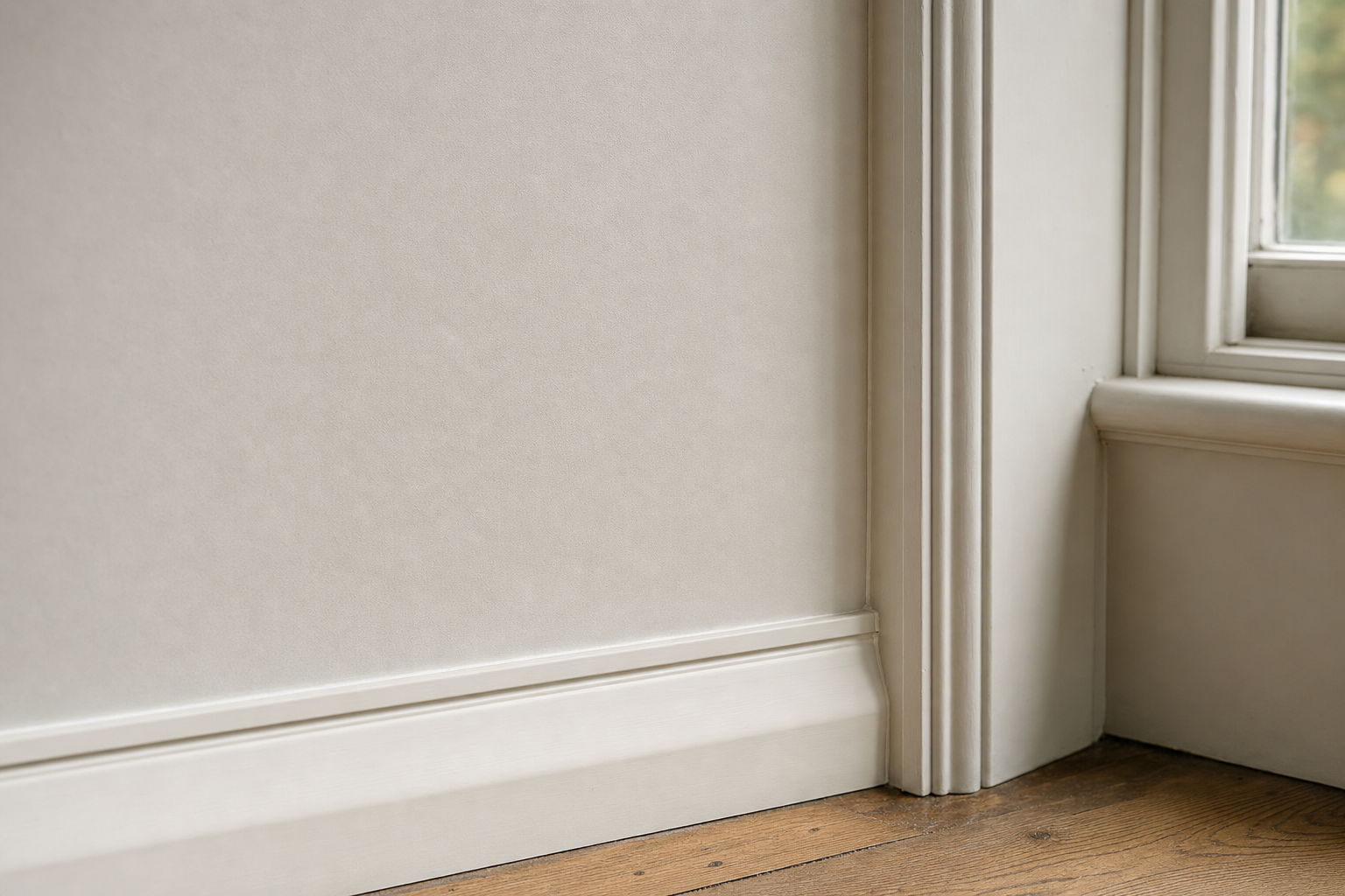 Cream-coloured skirting and architrave against a light wall, with a wooden floor below.