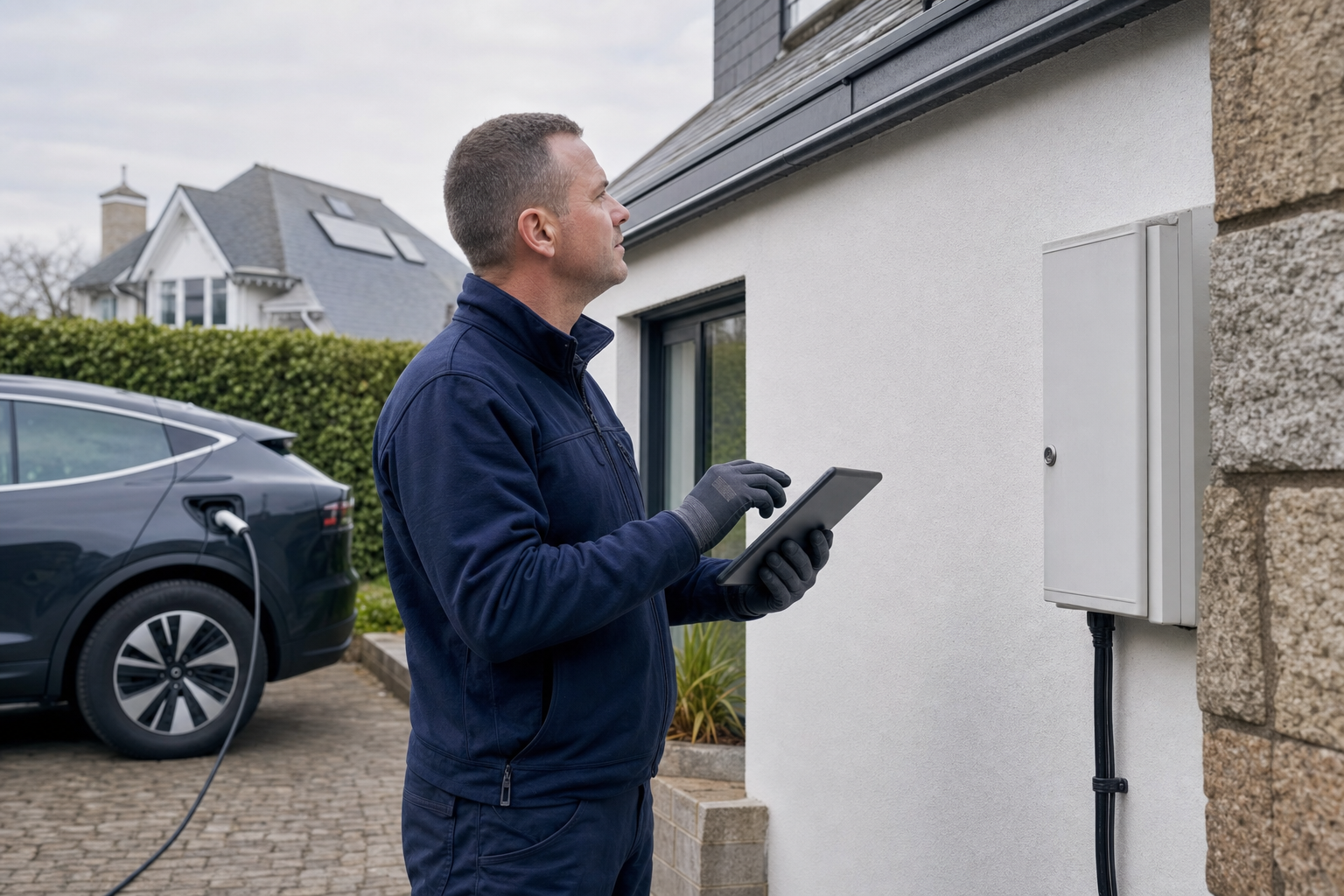 Technician with a tablet assesses an electric charging station next to a plugged-in car outside a house.