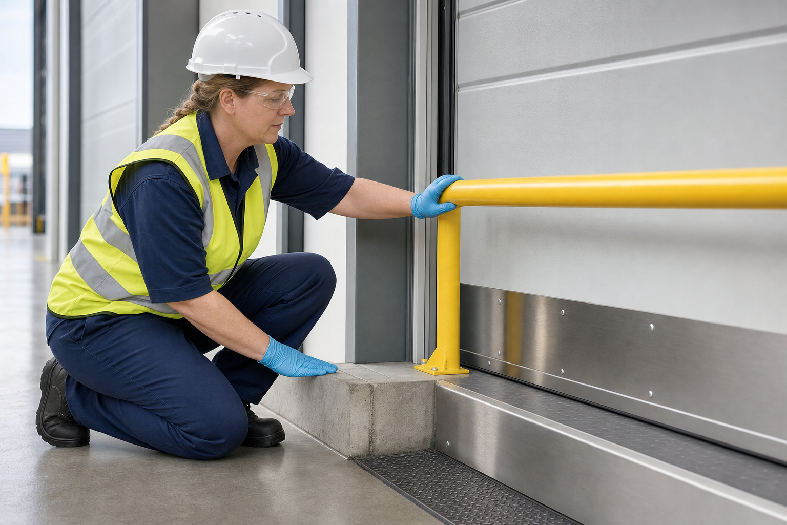 Construction worker in safety gear inspecting a yellow metal rail in an industrial setting.
