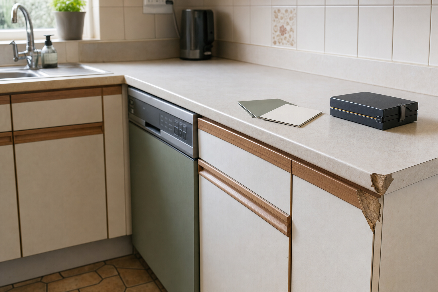 Modern kitchen with a cracked laminate countertop, a dishwasher, and two sample tiles placed on the surface.