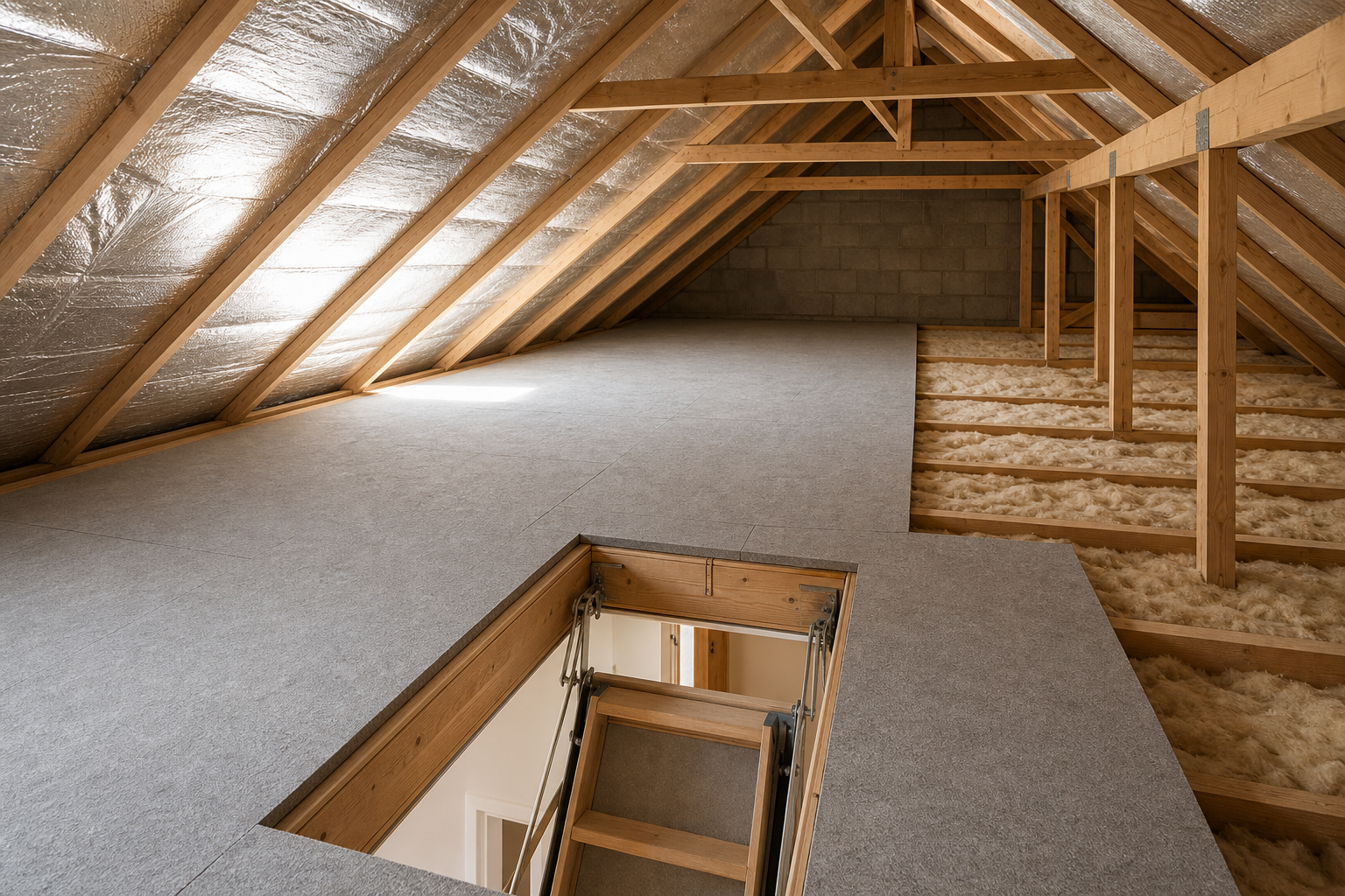 A spacious attic with new insulation, wooden beams, and a folding ladder leading to the floor below.