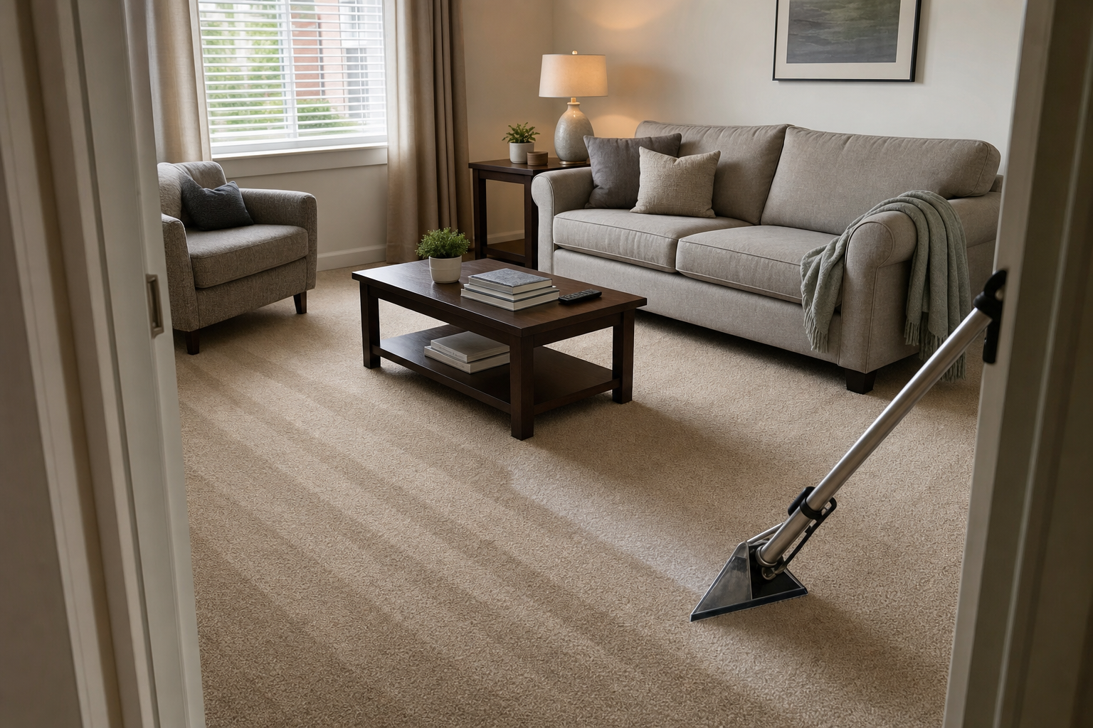 A vacuum cleaner in use on the carpet of a modern living room with a sofa, armchair, and coffee table.
