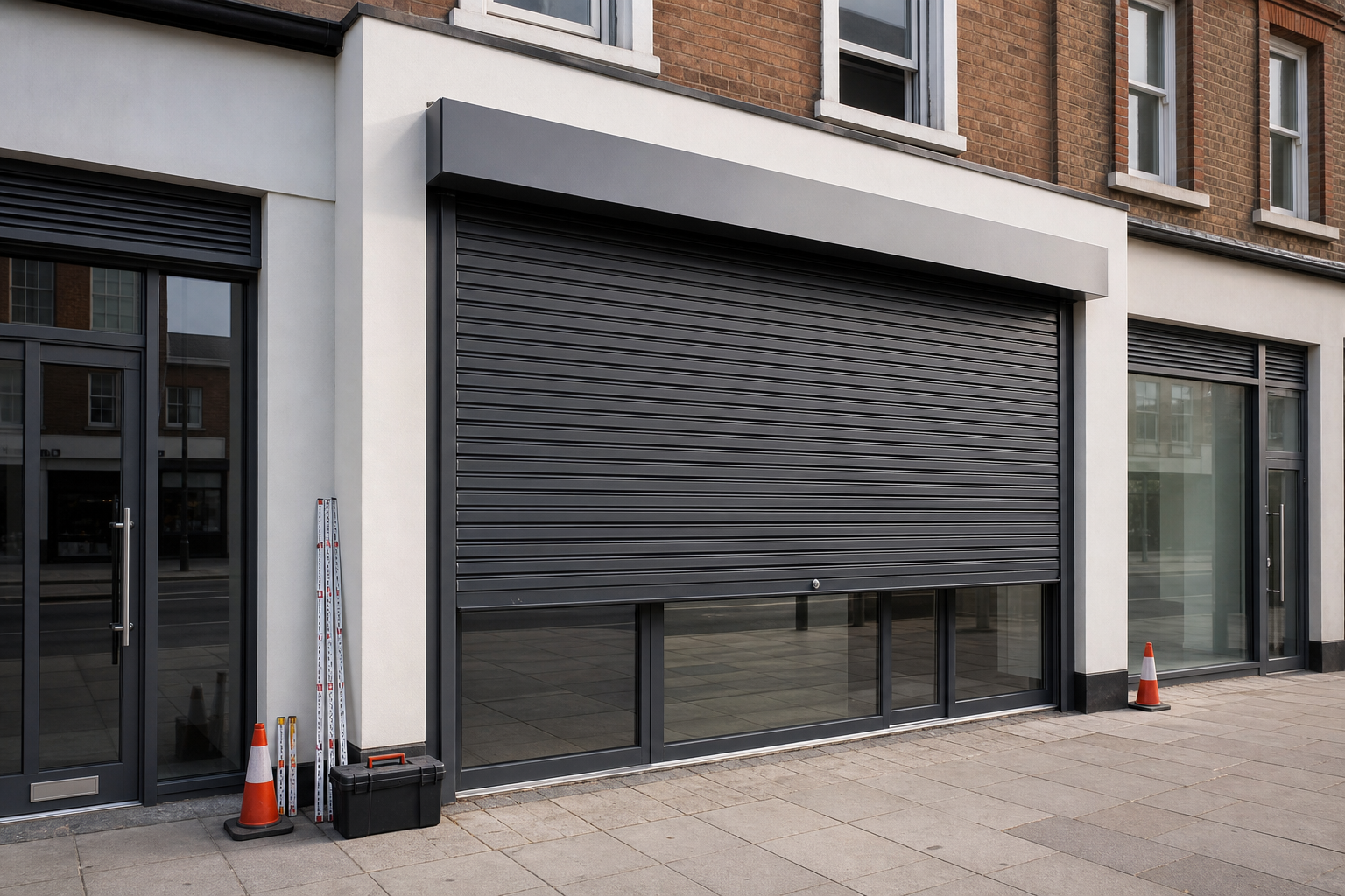 Storefront with a closed gray roller shutter, orange cones, and construction tools nearby.