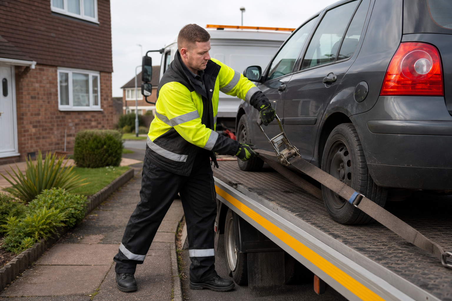 Tow truck driver securing a car onto a flatbed in a residential area.