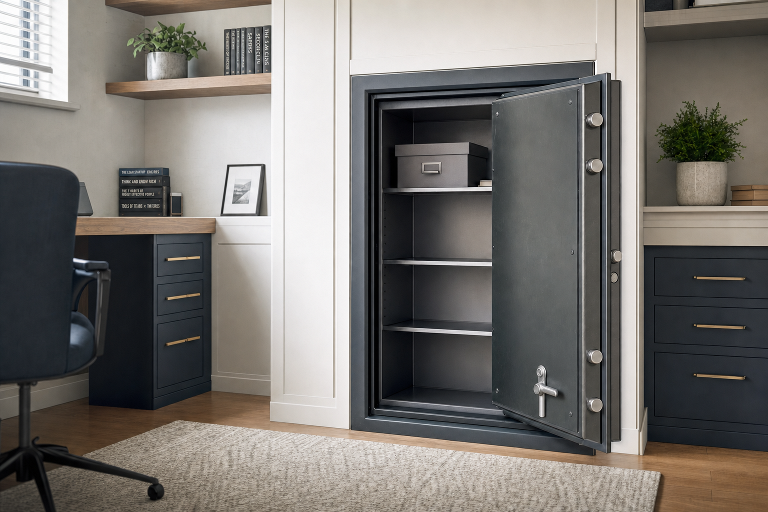 An open safe built into a home office wall, revealing shelves with a box inside.