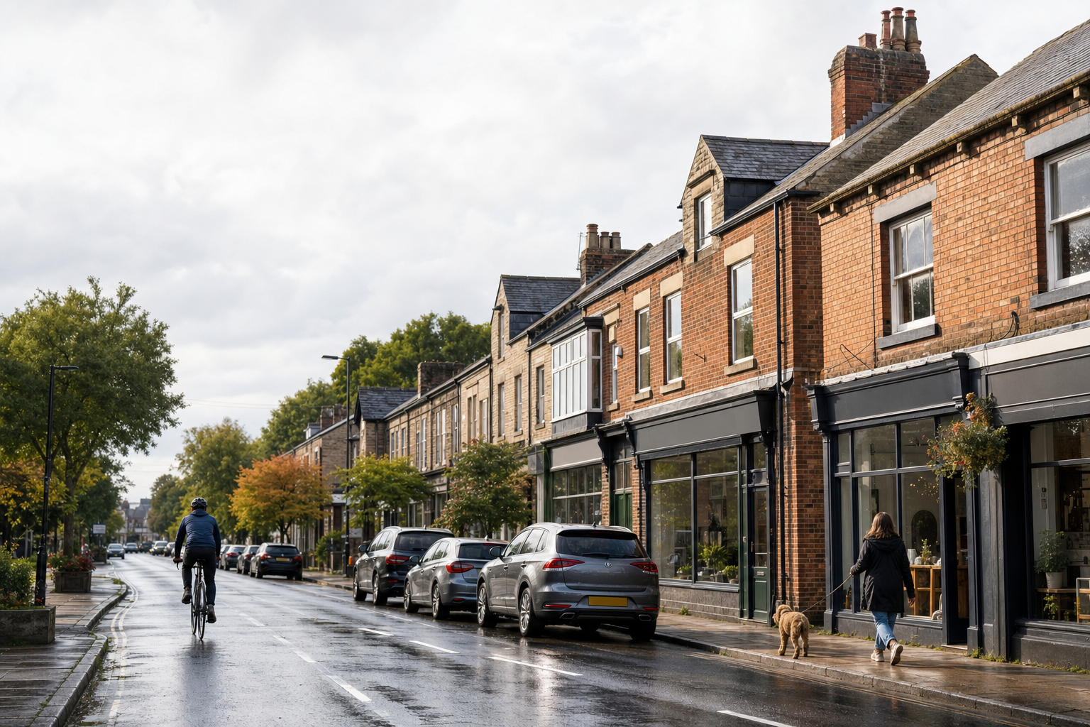 A cyclist rides down a wet street lined with cars and shops, while a person walks a dog on the pavement.