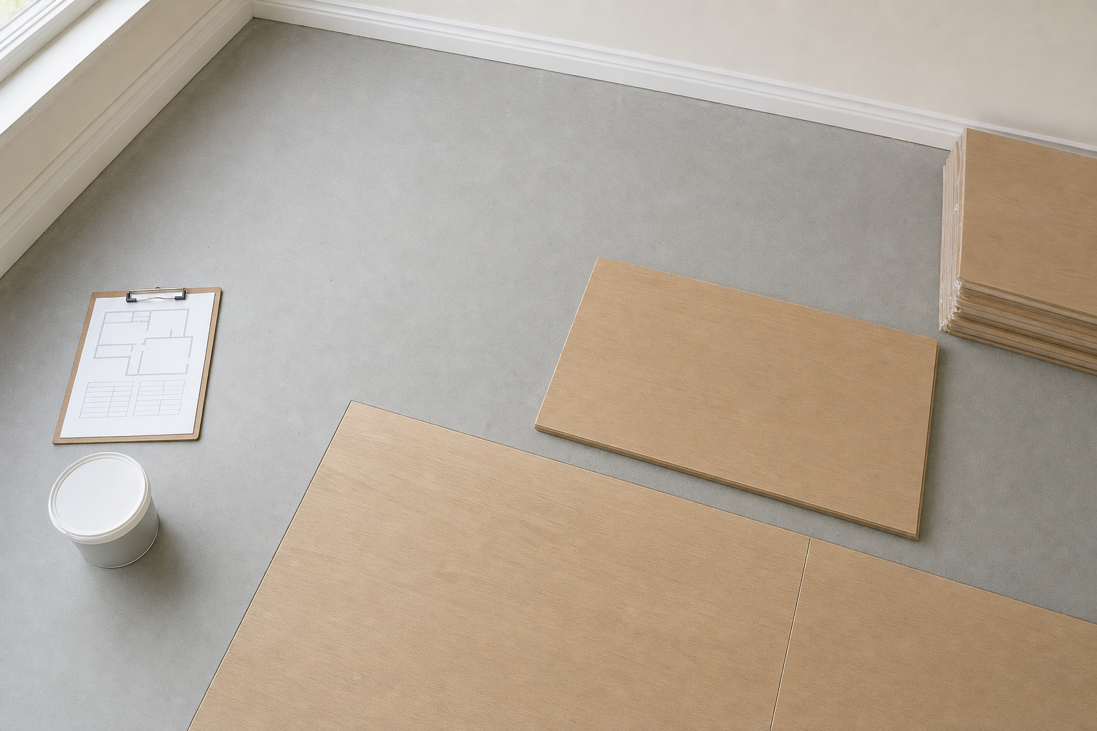 Wooden floor panels are laid out with a clipboard showing floor plans and a tin of paint nearby.