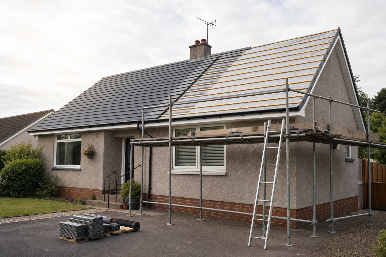 A bungalow with scaffolding and materials undergoing roof renovation under a cloudy sky.