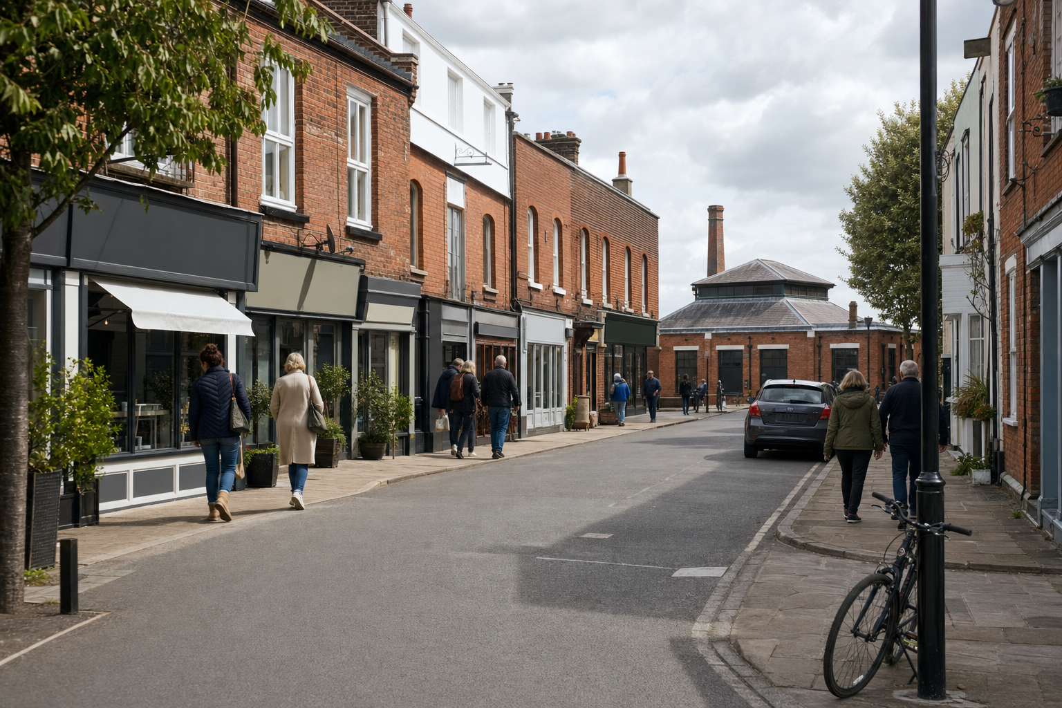 People walking along a quaint street lined with red brick buildings and small shops on a cloudy day.