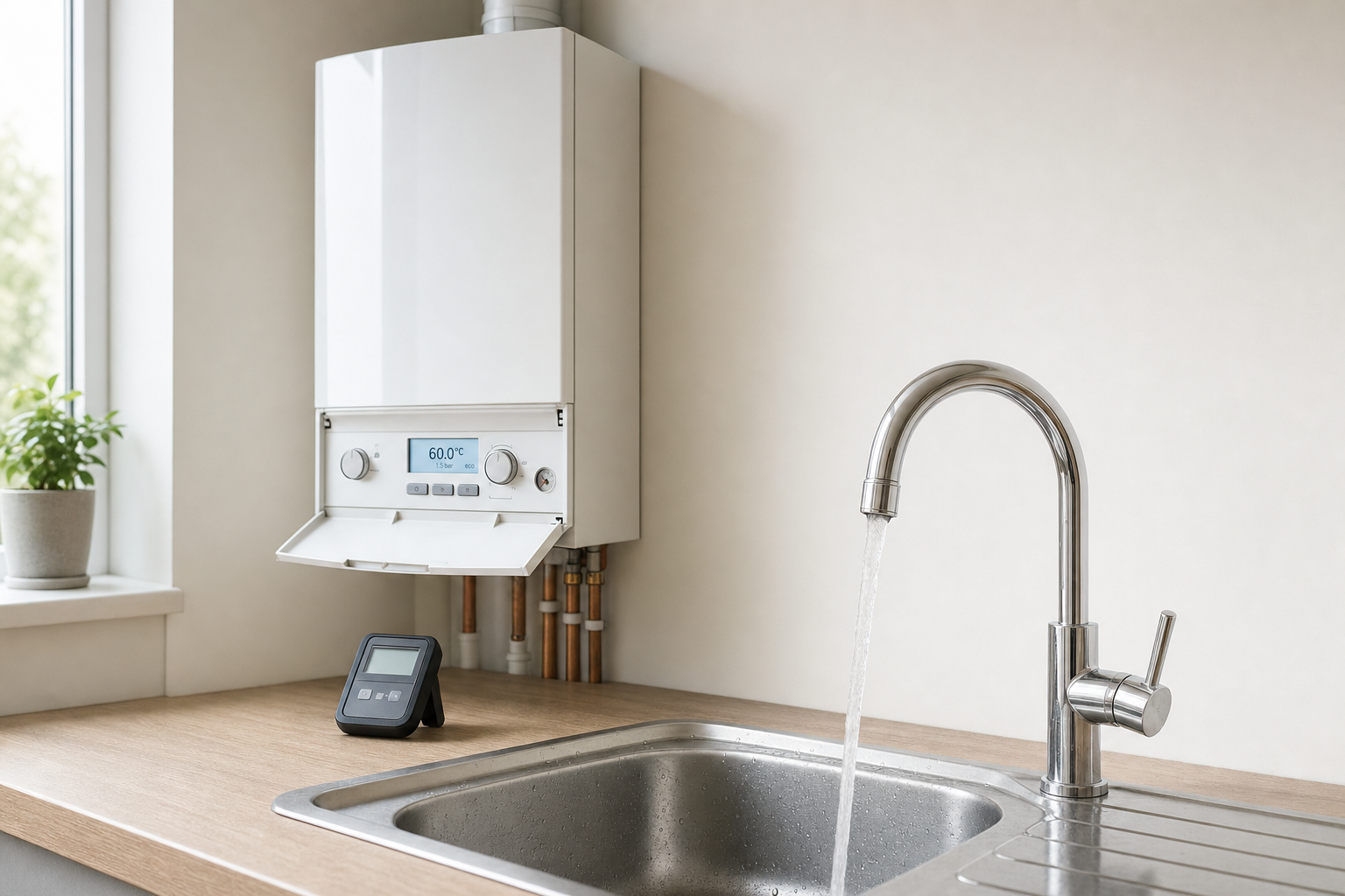 A modern boiler with a digital display installed above a kitchen sink with running water and a plant by the window.