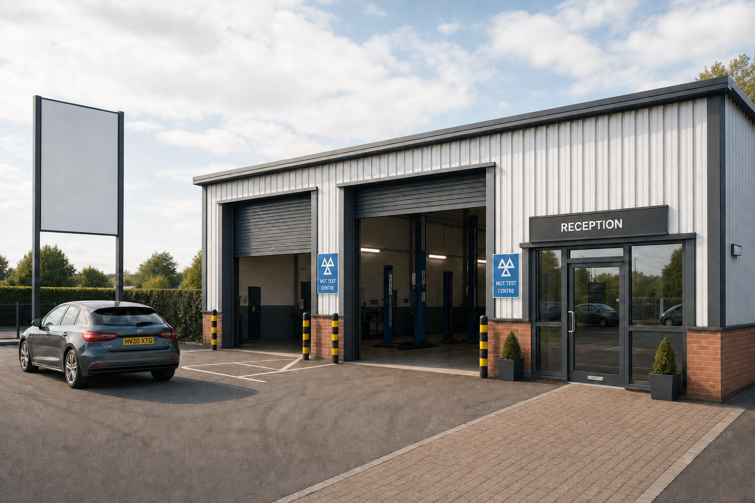 MOT test centre with open garage bays and a parked car on a sunny day.