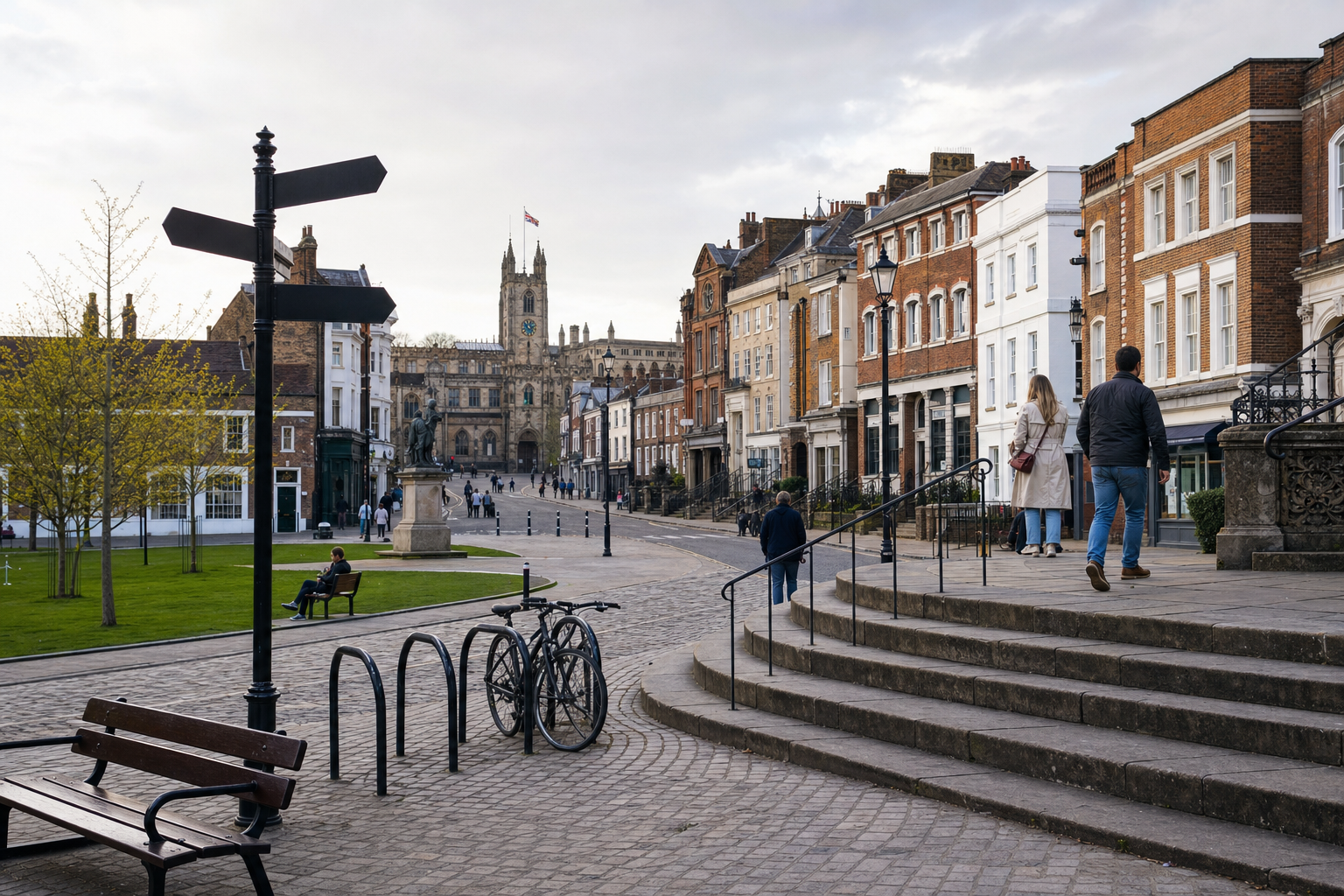 People walk along a cobbled street lined with historic buildings, with a prominent church in the background.