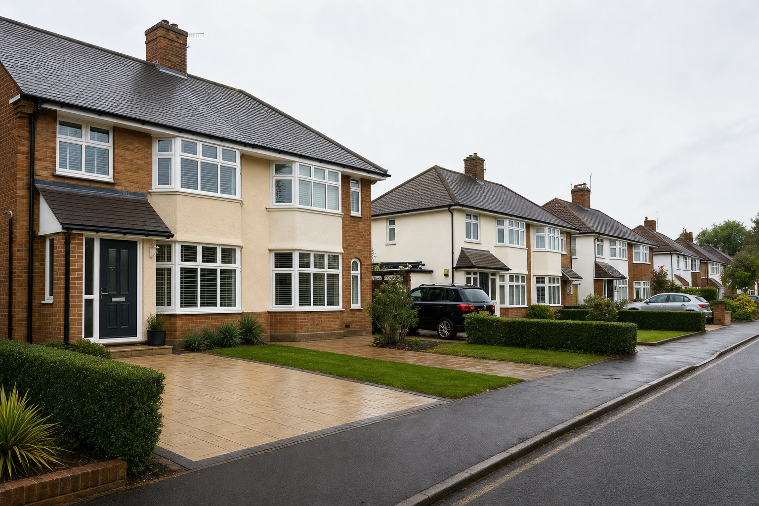 Row of identical semi-detached houses with brick and cream exteriors on a suburban street.