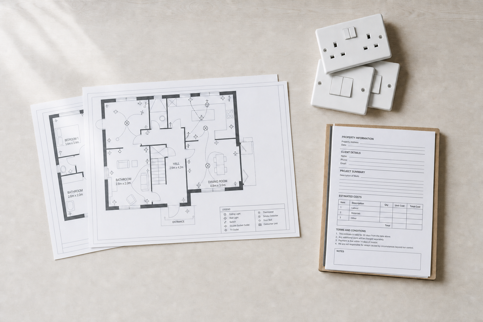 Architectural blueprints and electrical sockets next to a property information sheet on a wooden desk.
