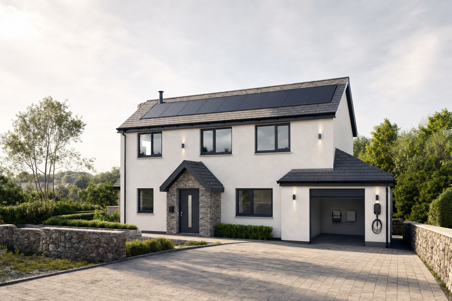 Modern detached house with solar panels on the roof and a charging station in the driveway, surrounded by greenery.