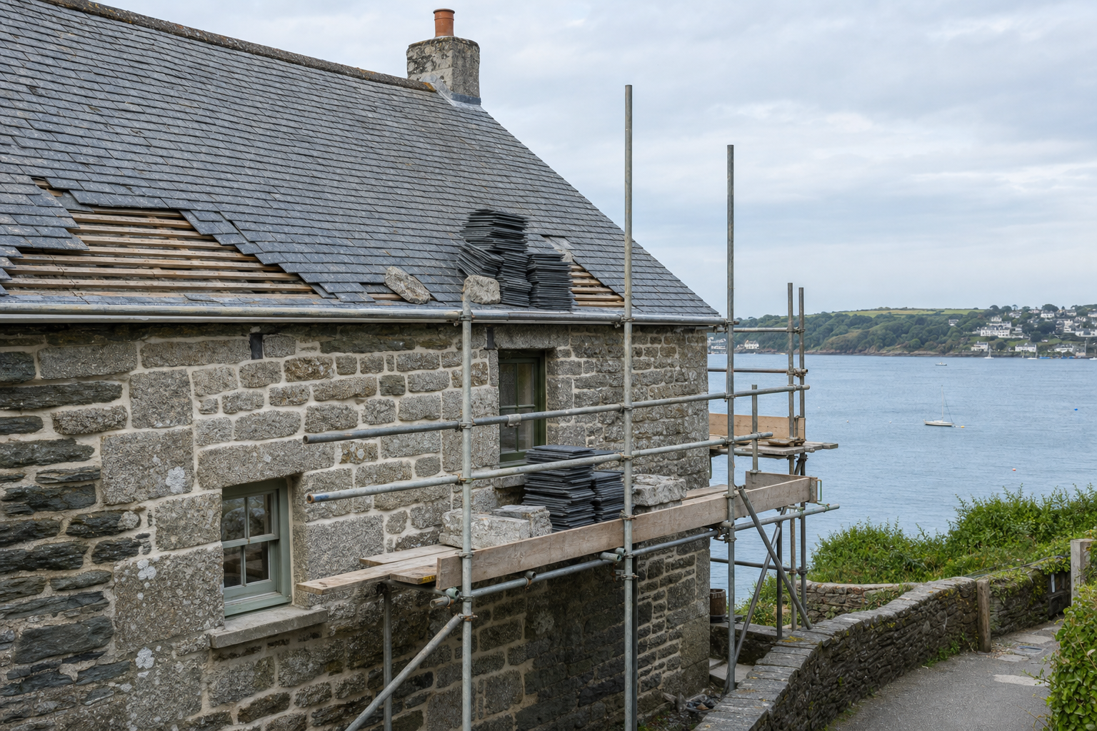 Stone cottage with scaffolding and roofing repair, overlooking a scenic coastal view.
