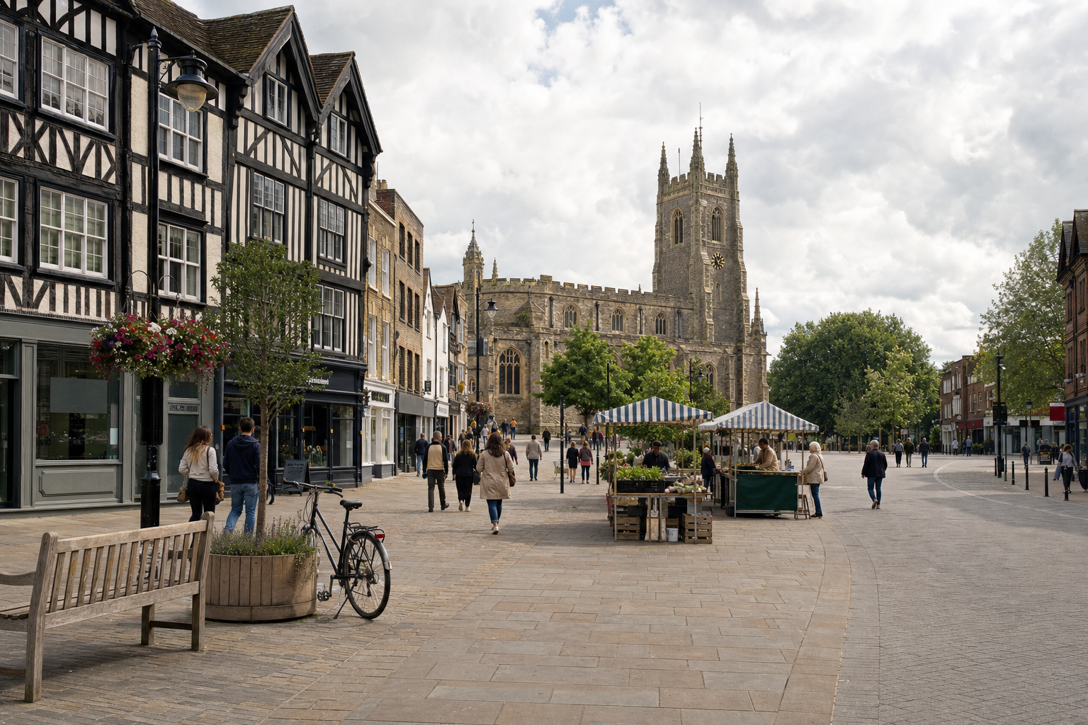 A bustling town square with market stalls and a historic church in the background, surrounded by Tudor-style buildings.